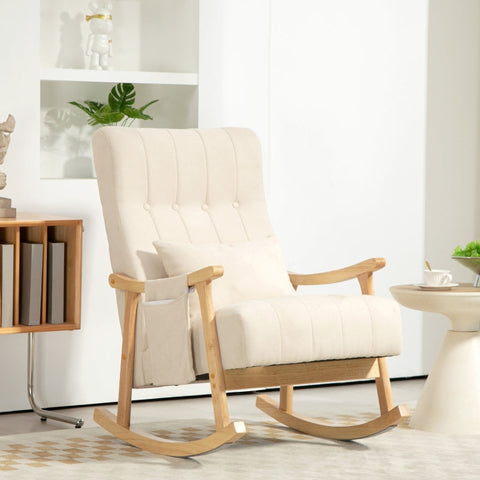 Rootz Rocking Chair - Nursing Chair - Relaxation Chair - Beige Linen Look - Wide Seat - Soft Padding - Beech Frame - 65cm x 90cm x 98cm