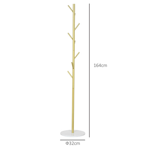 Rootz Wardrobe Stand - Cloakroom Stand - Coat Rack - 8 Hooks - Marble Base for Stability - Ø 32 x 164h cm - Gold & White Elegance