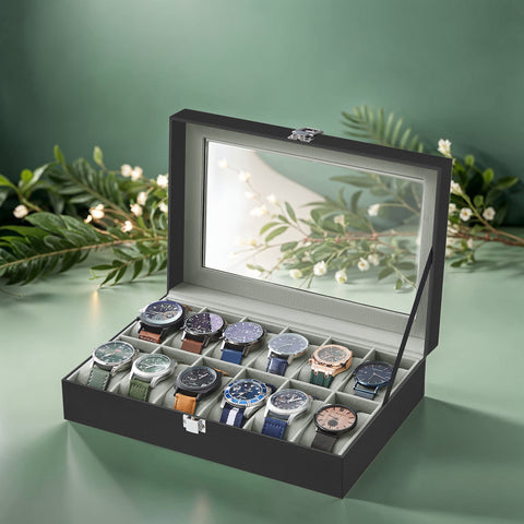 Rootz 12 Compartment Watch Box - Glass Lid - Watch Storage - Scratch Protection - 32cm x 18.6cm x 8.5cm