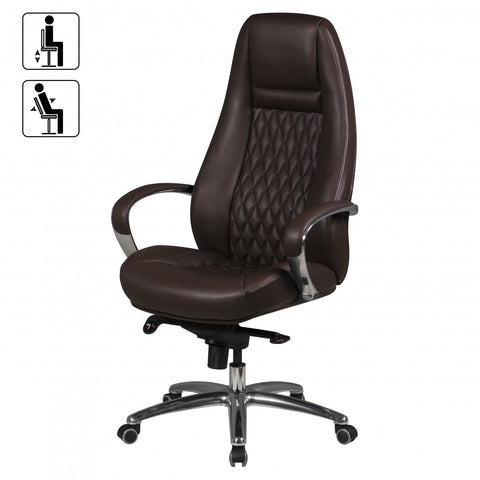 Rootz Executive Office Chair - Genuine Leather - Swivel Desk Chair - Ergonomic Design, Integrated Lumbar Support, Multi-Block Rocker Mechanism - Brown & Silver - 68cm x 50cm x 120-130cm