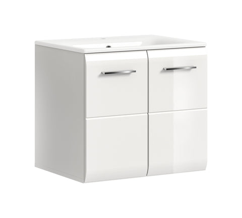 Rootz White Gloss Washbasin with Vanity Unit - Sink - Ceramic Insert - Ample Storage - 60x55x46 cm