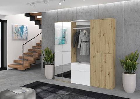 Rootz 3-Piece Wardrobe Combination - Artisan Oak Nb. - White High Gloss - Mirror Glass - Spacious Storage - 183cm x 193cm x 34cm