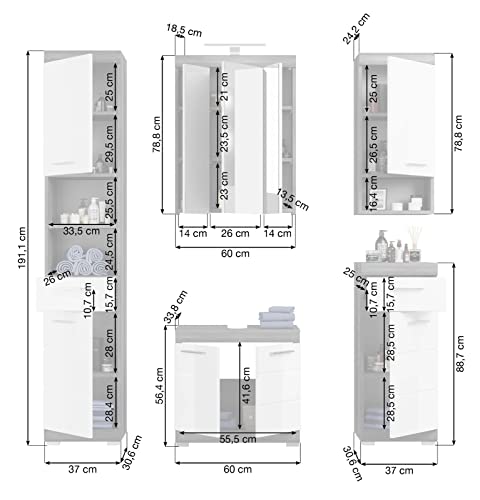 Rootz 5 Piece Set Bathroom Furniture - Vanity Set - Wood Material - High-Gloss Front - Space-saving Design - FSC Certified - Delivered Disassembled