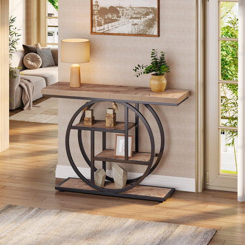 Rootz Industrial Console Table - Entryway Table - Sofa Table - 105.00 cm W x 30.00 cm D x 80.00 cm H - 4-Tier Storage - Rustic Brown Finish