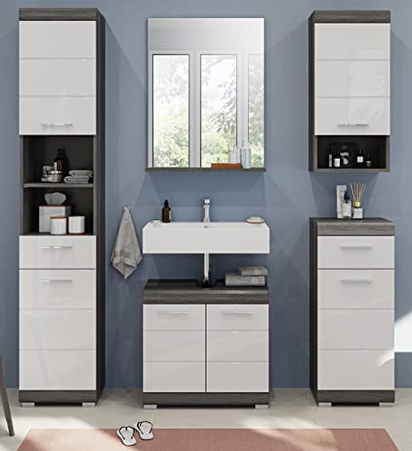 Rootz Bathroom Furniture Set - Wood Material - High-Gloss White Front - Smoke Silver Finish - Modular Design - FSC Certified - 5 Piece Set - Timeless Design - Easy Maintenance