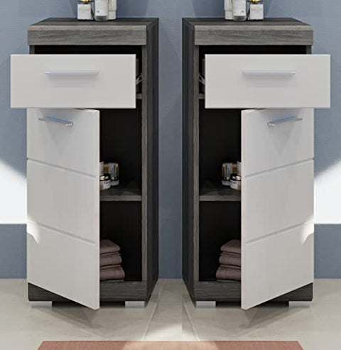 Rootz Bathroom Narrow Chest of Drawers - Wood Material - White High-Gloss Fronts - Smoked Silver Body - Compact - 37 x 88 x 31 cm
