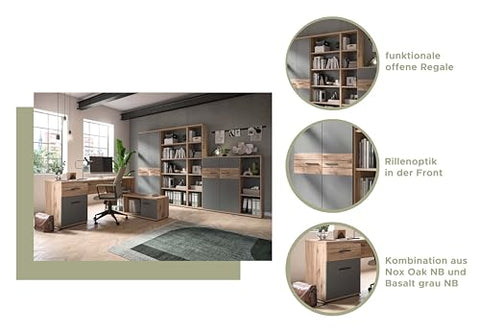 Rootz Wide Mason Shelf - Home Office Storage - Organizer Rack - Timeless Design - Nox Oak - Basalt Gray - 80cm x 199cm x 37cm