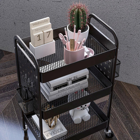 Rootz Multi-purpose Trolley - Kitchen Trolley - 3 Shelves - 4 Wheels - Black - 53.5 cm x 30.5 cm x 75 cm
