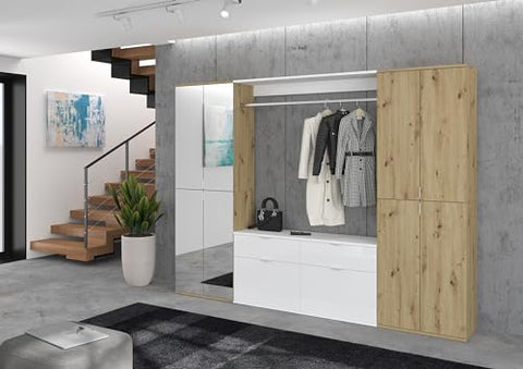 Rootz 3-Piece Wardrobe Combination - Front Artisan Oak Nb./Mirror Body White High Gloss - Generous Storage - 243cm x 193cm x 34cm