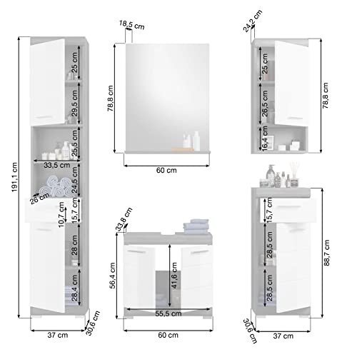 Rootz Bathroom Furniture Set - Wood Material - High-Gloss White Front - Smoke Silver Finish - Modular Design - FSC Certified - 5 Piece Set - Timeless Design - Easy Maintenance