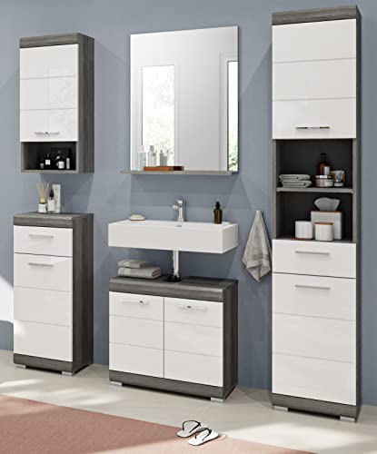 Rootz Bathroom Furniture Set - Wood Material - High-Gloss White Front - Smoke Silver Finish - Modular Design - FSC Certified - 5 Piece Set - Timeless Design - Easy Maintenance