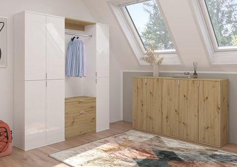 Rootz 3 Piece Combination Wardrobe - White Gloss/Mirror - Artisan Oak - Spacious Storage - 152cm x 193cm x 34cm