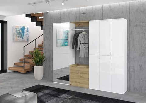 Rootz 4-Piece Combination Wardrobe - White Gloss/Mirror - Artisan Oak - Spacious Storage - 213cm x 193cm x 34cm