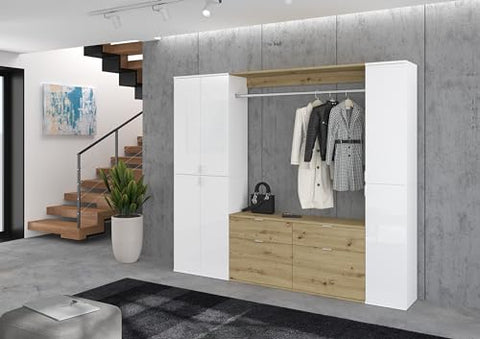 Rootz 3-Piece Wardrobe Combination - Closet System - Wardrobe Set - White Gloss Finish - Artisan Oak - 212cm x 193cm x 34cm