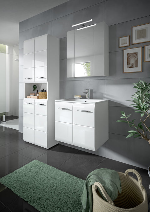 Rootz 5-Piece Bathroom Combo - Vanity Set - Tall Cabinet - High Gloss White - Ample Storage - 135x185x46 cm