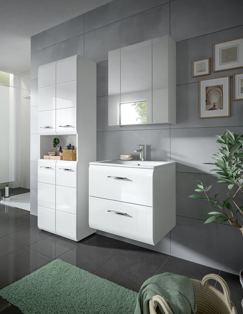Rootz 4-Piece White High Gloss Bathroom Set - Vanity Unit - Tall & Mirror Cabinet - Easy-Clean - 135x185x46 cm