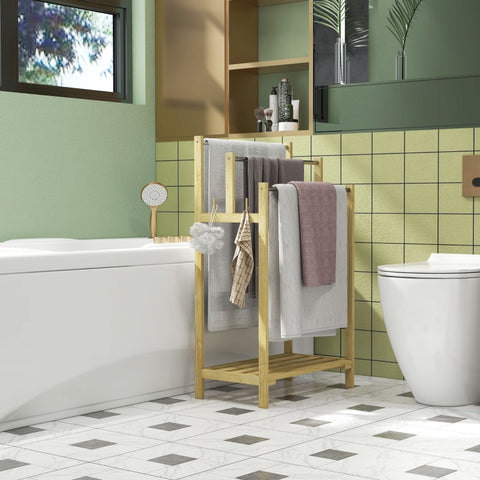 Rootz Bamboo Freestanding Towel Rail - Towel Stand - Bamboo Towel Holder - 3-Bar Design - Home Organizer - 50.5cm x 31cm x 90cm