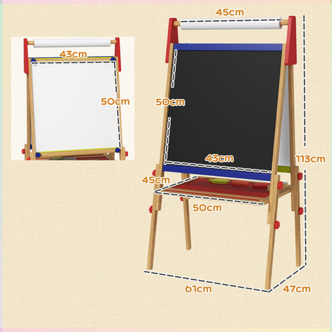 Rootz 3-in-1 Children's Easel - Chalkboard - Whiteboard - Creative Fun - 61L x 47W x 113H cm - Adjustable Height 95-110 cm - Includes Accessories