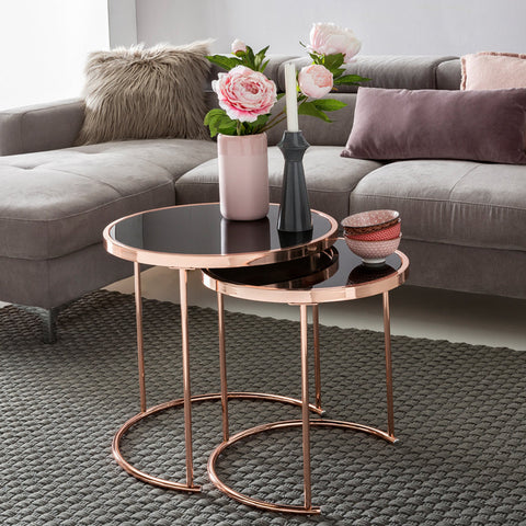 Rootz 2 Piece Set Nesting Tables - Modern Tables - Reflective Table Tops - Space-saving Design - Steel Frame - 50cm x 50cm x 45cm