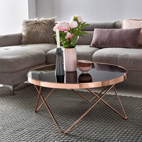 Rootz Retro Coffee Table - Filigree Table Legs - Charming Color Scheme - 40cm x 82cm - Black Glass Top - Copper Frame - Max. 10kg Load Capacity