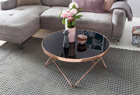 Rootz Retro Coffee Table - Filigree Table Legs - Charming Color Scheme - 40cm x 82cm - Black Glass Top - Copper Frame - Max. 10kg Load Capacity