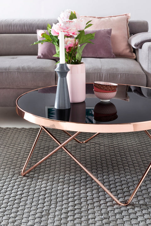 Rootz Retro Coffee Table - Filigree Table Legs - Charming Color Scheme - 40cm x 82cm - Black Glass Top - Copper Frame - Max. 10kg Load Capacity
