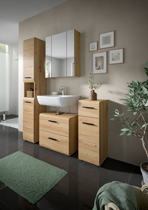 Rootz 4 Piece Bathroom Set - Vanity Unit - Tall Cabinets - MDF Finish - Brown - 150x185x30 cm