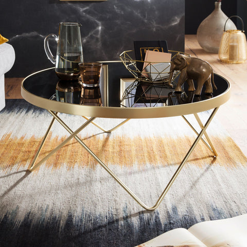 Rootz Retro Coffee Table - Filigree Table Legs - Stylish Center Table - V-Shaped Legs - Modern Color Scheme - Golden Frame - Toughened Glass Top - 39cm x 82cm x 73.5cm