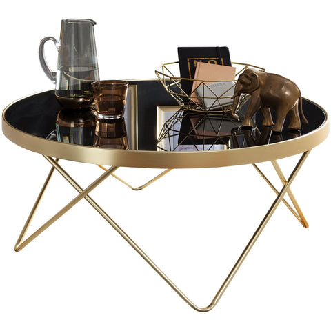 Rootz Retro Coffee Table - Filigree Table Legs - Stylish Center Table - V-Shaped Legs - Modern Color Scheme - Golden Frame - Toughened Glass Top - 39cm x 82cm x 73.5cm