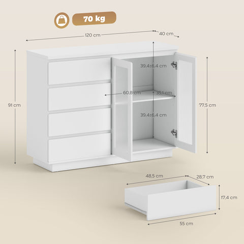 Rootz Buffet Cabinet Sideboard - Storage Cupboard - Display Unit - Silent Soft-Close, Organizes Dining Room - 120x40x91 cm, White, MDF, 4 Drawers, 2 Glass Doors