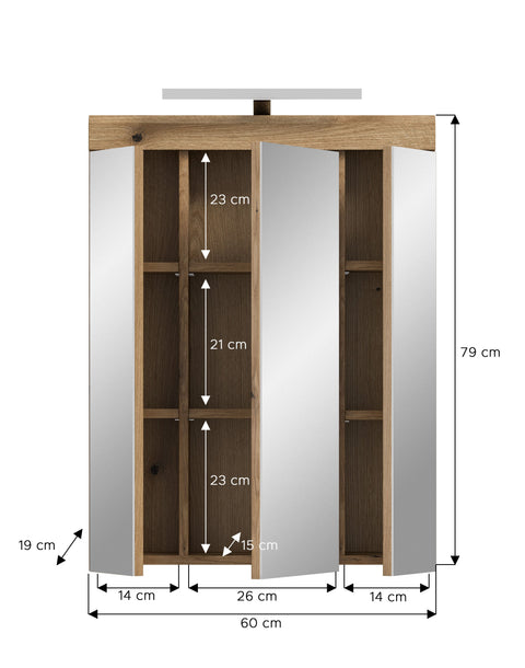 Rootz Brown Mirror Cabinet Set - Bathroom Light - Storage Solution - Modern Design - 60x79x18cm