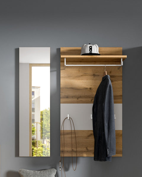 Rootz Panel with Mirror - Hallway Organizer - Entryway Storage - Functional & Stylish - Wotan Oak Replica - 90x106x27 cm
