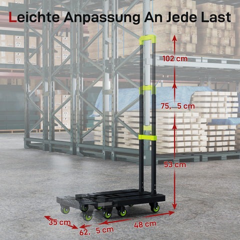 Rootz Sack Truck - Foldable Hand Trolley - Metal Dolly - Adjustable Handle - Up to 200kg Load - 49 x 35 x 102 cm - Compact Storage - Green,Black