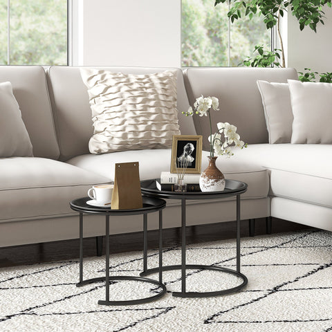 Rootz Set of 2 Metal Side Tables - Nesting End Tables - Stackable Coffee Tables - Space-Saving Design - Ø 43x38 cm & Ø 35x34 cm - Black Steel