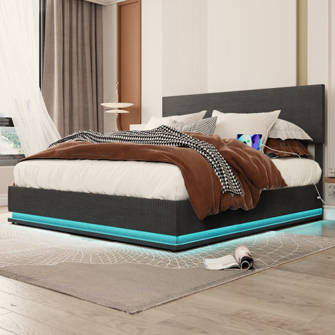 Rootz Double Bed Frame - Storage Bed - Velvet Bed - LED Lighting - USB Charging - 211cm x 153cm x 113cm