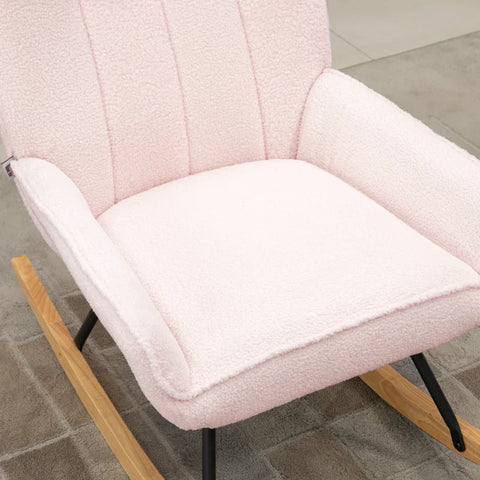 Rootz Rocking Chair - Modern Design Rocking Chair - Sherpa Fleece - Rubber Wood - Quilting - Natural + Pink - 63 cm x 95 cm x 97 cm