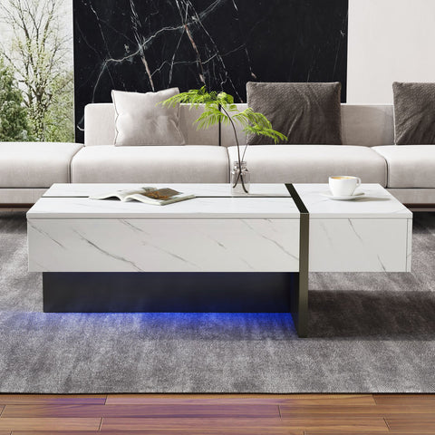 Rootz Modern Coffee Table - LED Table - Marble Pattern Table - LED Lighting - 105cm x 60cm x 35cm