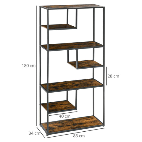 Rootz Bookcase Wall Shelf - Industrial Bookshelf - Display Shelving Unit - 7 Shelves - Sturdy Steel Frame - Anti-Tip Protection - 83cm x 34cm x 180cm - Brown + Black