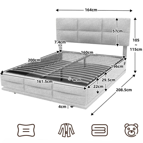 Rootz Double Bed with LED - Velvet Bed Frame - USB Charger - Ample Storage - 208.5cm x 164cm x 105-115cm