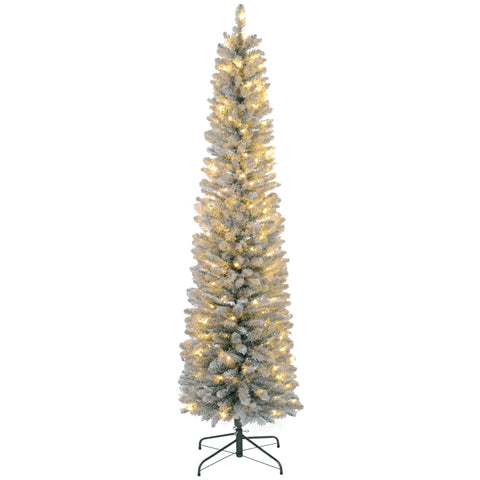 Rootz Snow-Covered Artificial Christmas Tree - Pre-Lit Xmas Tree - Warm White LED Lights - Slim Shape - Ø57cm x 210cm