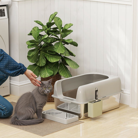 Rootz Cat Toilet Litter Box - Stainless Steel - High Walls - Easy Cleaning - 60.2cm x 40.6cm x 29cm