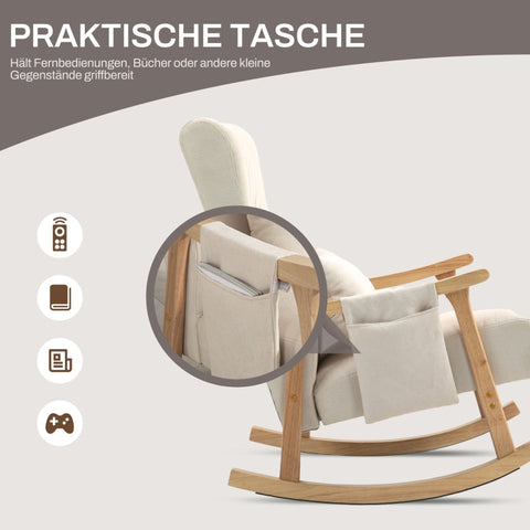 Rootz Rocking Chair - Nursing Chair - Relaxation Chair - Beige Linen Look - Wide Seat - Soft Padding - Beech Frame - 65cm x 90cm x 98cm