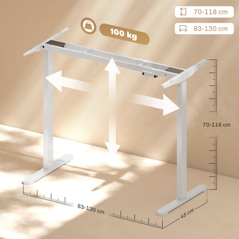 Rootz Electric Desk Frame - Adjustable Desk Base - Memory Function - Promotes Ergonomic Work - Steel, White - 83cm x 45cm x 70-118cm