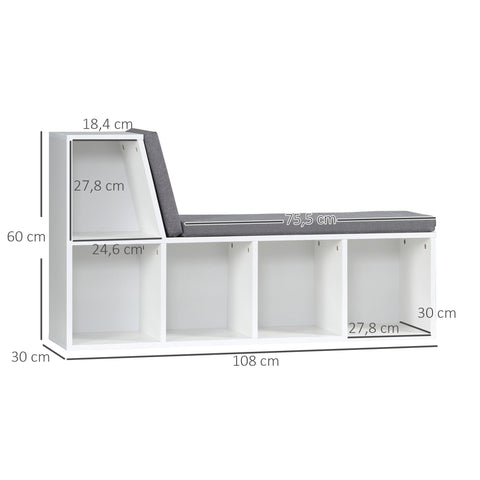Rootz Library Bench 2 in 1 - Storage Bench - Shoe Storage - 5 Compartments & Cushions - 108x30x60cm White, Grey