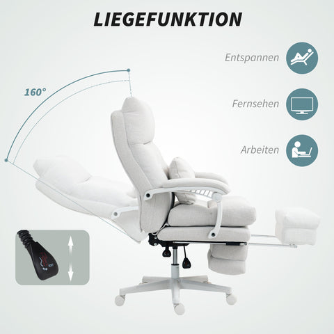 Rootz Roll Armchair - Linen Look - Office Chair - Height Adjustable Recliner - White - Footrest - 68cm x 70cm x 114-122cm
