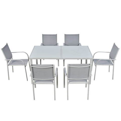 Rootz 7 Piece Garden Furniture Set - Outdoor Patio Set - Stackable Dining Set - Steel & Glass - Table 150x90x72cm, Chairs 55x60x87cm