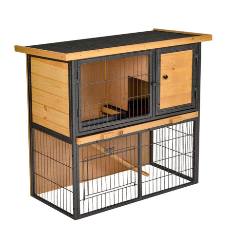 Rootz Small Animal Stable Hutch - Rabbit Cage - Guinea Pig Enclosure - Weatherproof - Non-Slip Ramp - Lockable Doors - 89.5cm x 45cm x 81cm
