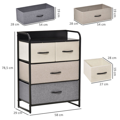 Rootz Storage Cabinet - Chest of Drawers - Fabric Organizer - Durable & Versatile - 58 x 29 x 78.5 cm - Black, Grey