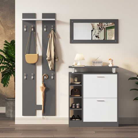 Rootz Wall-Mounted Coat Rack Set - Entrance Organizer - Space-Saving Storage - 80x25x96.5cm Shoe Cabinet - 8 Hooks - Mirror 80x40cm - Anthracite Gray