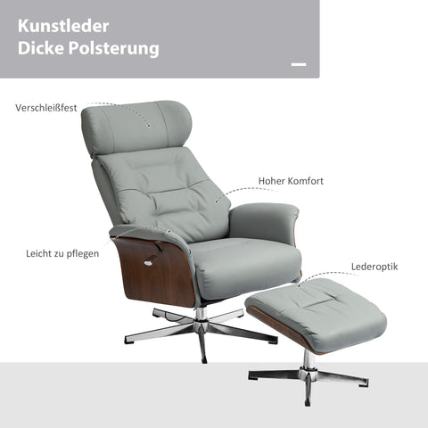 Rootz Relaxation Chair with Stool - Reclining Chair - Swivel TV Chair - 135° Tilt Function - 80W x 84D x 108H cm - Grey